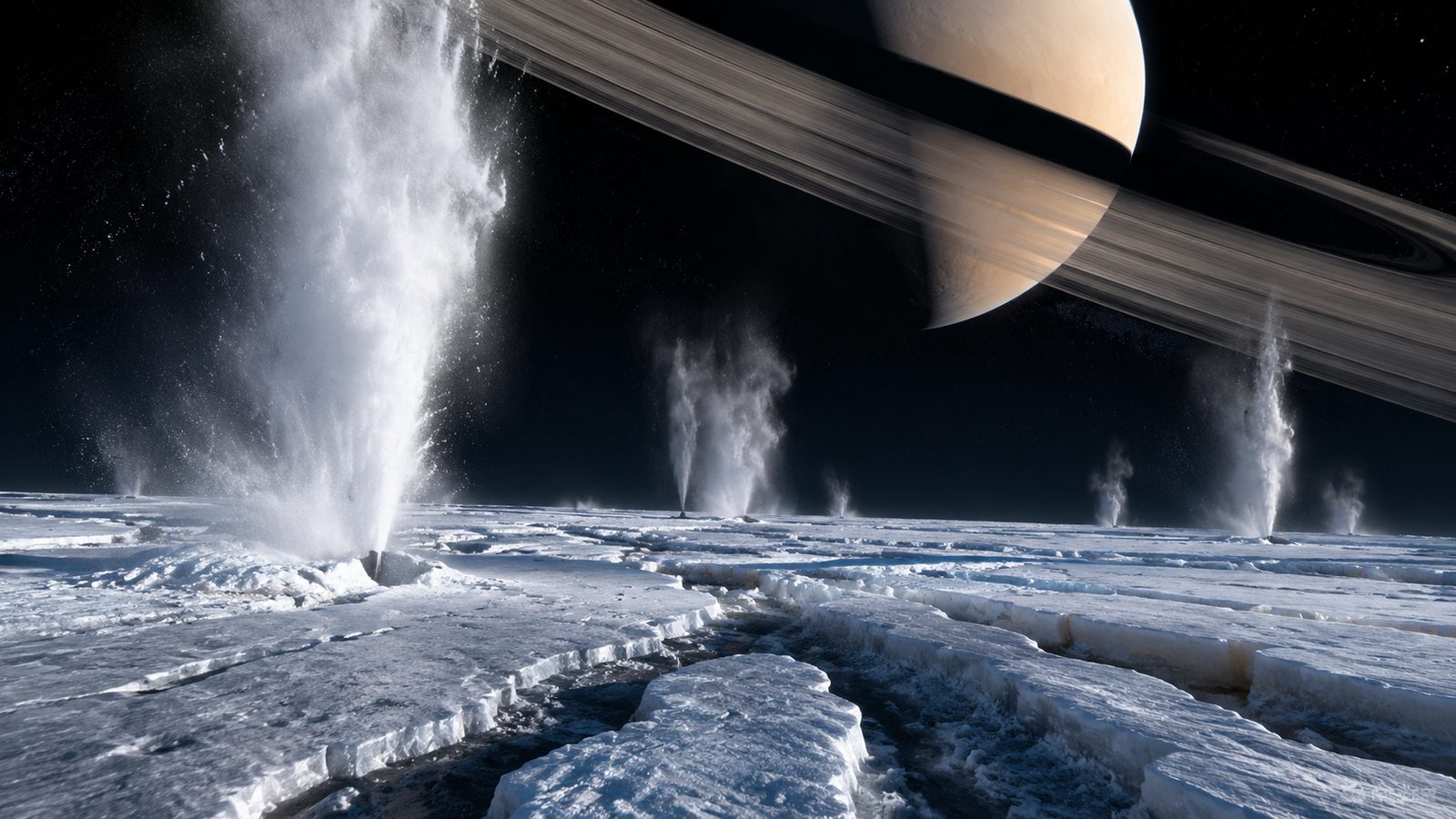 Icy moon geysers beneath a ringed planet
